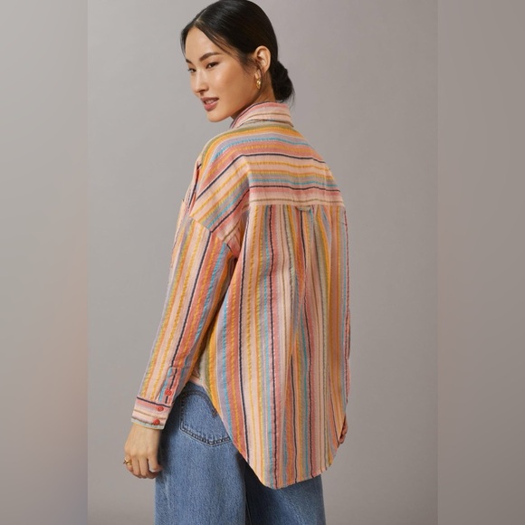 PILCRO by ANTHROPOLOGIE NWOT Long Sleeve Boyfriend Striped Shirt in Peach - Picture 3 of 10